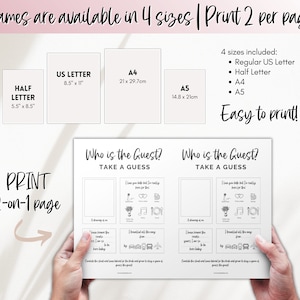 May include: Printable "Who is the Guest?" game with two versions of the game. The game is available in four sizes: Regular US Letter, Half Letter, A4, and A5. The text "Print 2 per page!" is at the top of the image.
