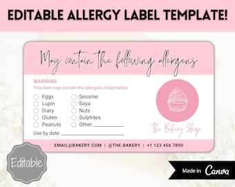 Allergen Label Template, Editable allergy Label, Allergy Information Stickers, Cakes, Baking business, Canva, Food Warning, Alert, Cupcakes