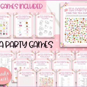 May include: A printable set of 15 tea party games for kids. The games include bingo, scavenger hunt, coloring, word search, memory game, find the guest, word scramble, candy dice, tic tac toe, this or that, and find the teacups. The games are pink and white with teacup and teapot illustrations.