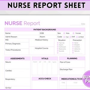 Nurse Report Sheet Bundle, 5 Colors, Nurse Brain Sheet, ICU Nurse Report, RN Nursing, New Grad, SBAR, Patient Assessment, Printable Template
