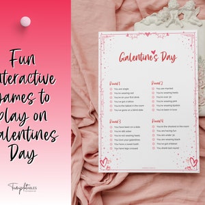 Pu&ograve; includere: Un gioco di Galentine's Day stampabile con quattro round di domande. Ogni round ha un elenco di affermazioni che i giocatori possono spuntare se si applicano a loro. Il gioco &egrave; stampato su carta bianca con un bordo rosa e cuori.