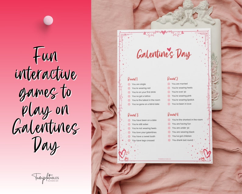 Pu&ograve; includere: Un gioco di Galentine's Day stampabile con quattro round di domande. Ogni round ha un elenco di affermazioni che i giocatori possono spuntare se si applicano a loro. Il gioco &egrave; stampato su carta bianca con un bordo rosa e cuori.