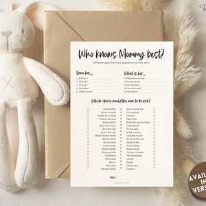 May include: A printable baby shower game titled "Who knows Mommy best?" with questions about the mom-to-be's birthday, first job, first car, due date, middle name, pregnancy cravings, favorite food, favorite movie, and pet peeve. The game also includes a multiple choice section asking which choice the mom-to-be would pick.