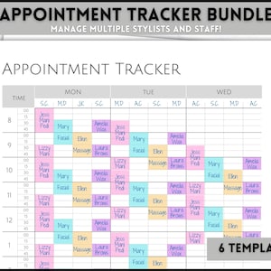 Może przedstawiać: Drukowany planer spotkań z układem siatki do planowania spotkań. Planer jest podzielony na przedziały czasowe, dni tygodnia i kolumny dla różnych usługodawców. Dni tygodnia są oznaczone jako poniedziałek, wtorek i środa. Przedziały czasowe są oznaczone co 15 minut. Usługodawcy są oznaczeni nazwami i usługami. Planer został zaprojektowany, aby pomóc firmom w zarządzaniu spotkaniami i śledzeniu harmonogramu.
