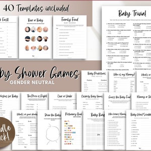 40 Baby Shower Games BUNDLE, Gender Neutral Baby Shower Activity, Trivia, whats in your purchase, Bingo, Word Scramble, Boho, Woodland Theme