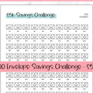 5k 100 Envelope Challenge Printable, 5000 Savings Tracker, 100 Day Challenge, Cash Envelopes, Money Saving, Save, Budget Envelope, Finances