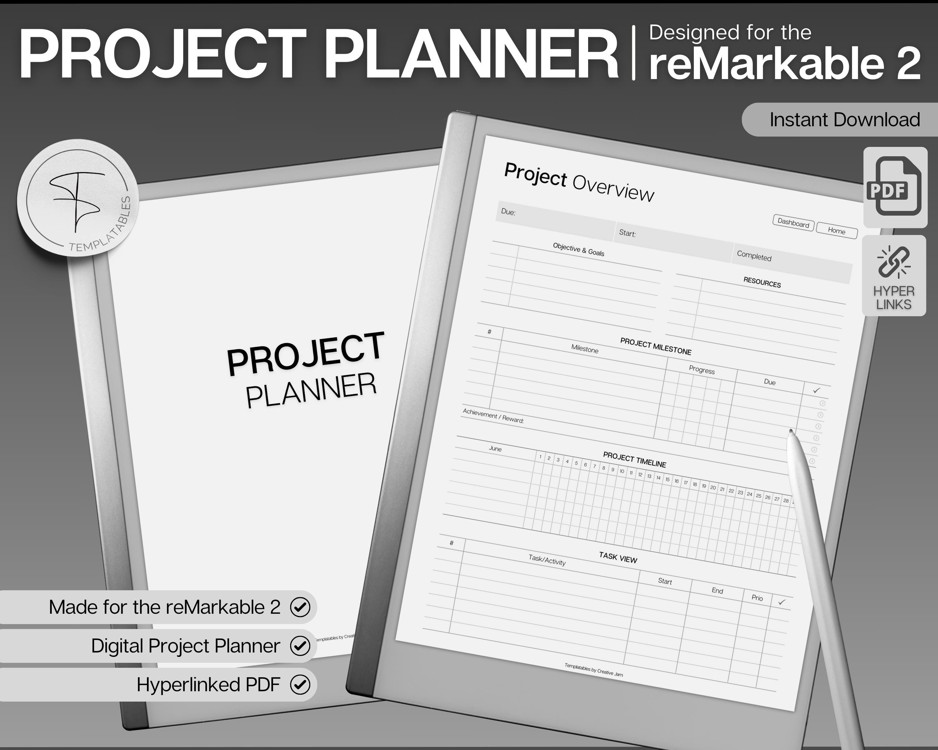 Project Planner  for the reMarkable 2, Project Tracker Management, Digital Planner, Work Schedule, Business, Student, Productivity, Gantt