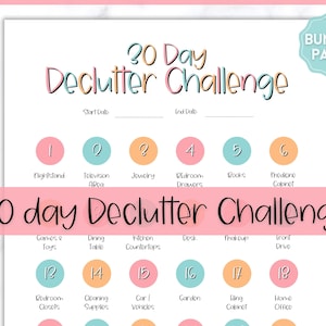 Op de afbeelding: Een printbare 30-daagse opruimuitdaging met roze, blauwe en oranje cirkels genummerd van 1 tot 18. Elke cirkel heeft een overeenkomend gebied om op te ruimen, zoals nachtkastje, tv-gebied, sieraden, badkamerladen, boeken, medicijnkastje, spelletjes en speelgoed, eettafel, aanrecht, bureau, make-up, oprit, slaapkamers, schoonmaakbenodigdheden, auto, tuin, archiefkast en thuiskantoor.