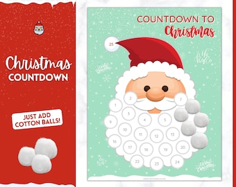 Santa Christmas Countdown! Countdown to Christmas Printable, Cotton Ball Beard, Kids Santa Claus Advent Calendar, Xmas Sign, Activity Poster