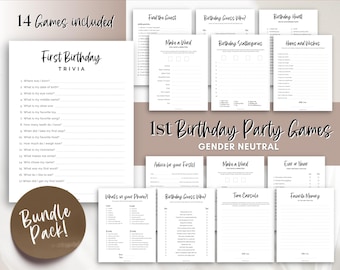 14 First Birthday Party Games, Printable Games BUNDLE, Baby’s 1st birthday, 1 year old birthday, boy, girl, trivia, neutral boho signs
