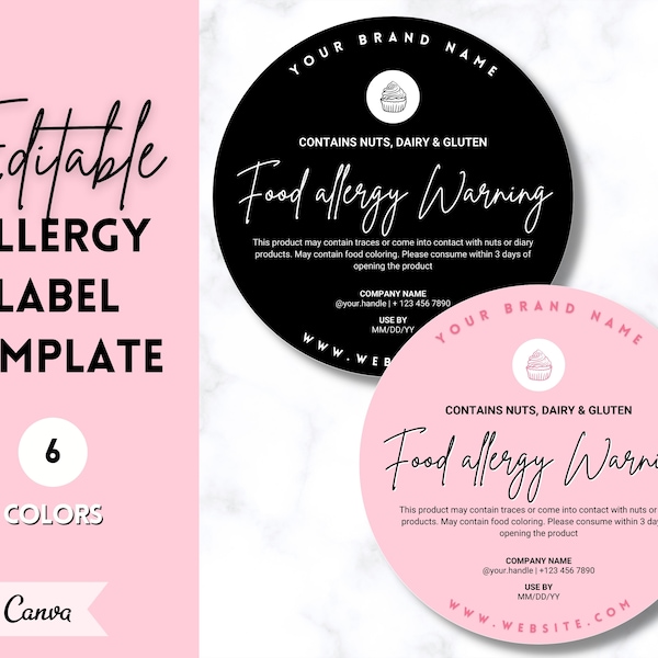 EDITABLE Allergy Label Template, Allergen Label, Allergy Information Stickers, Cakes, Baking business, Canva, Food Warning, Alert, Cupcakes