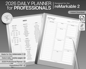 Agenda 2026 professionnel pour reMarkable 2, agenda numérique, calendrier, programme quotidien minimaliste, liste des tâches, modèles pour reMarkable