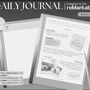 May include: Black and white image of a digital notepad with a daily journal template. The template includes a calendar, daily affirmations, gratitude, and highlights sections. The text on the notepad reads "Daily Journal" and "remarkable 2".