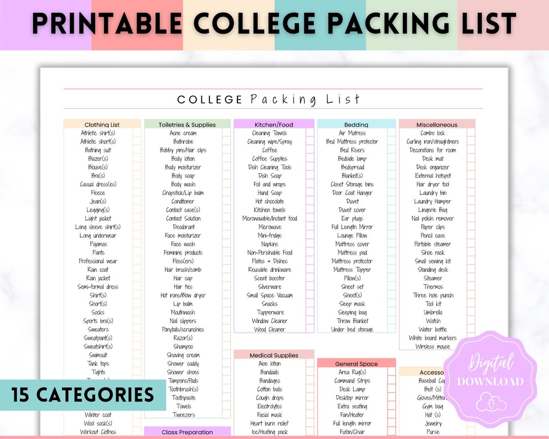Printable College Packing List, Back to School, Packing Checklist