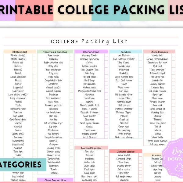 Printable College Packing List, Back to School, Packing Checklist, Student Planner, College Essentials, Travel Moving College Dorm Checklist