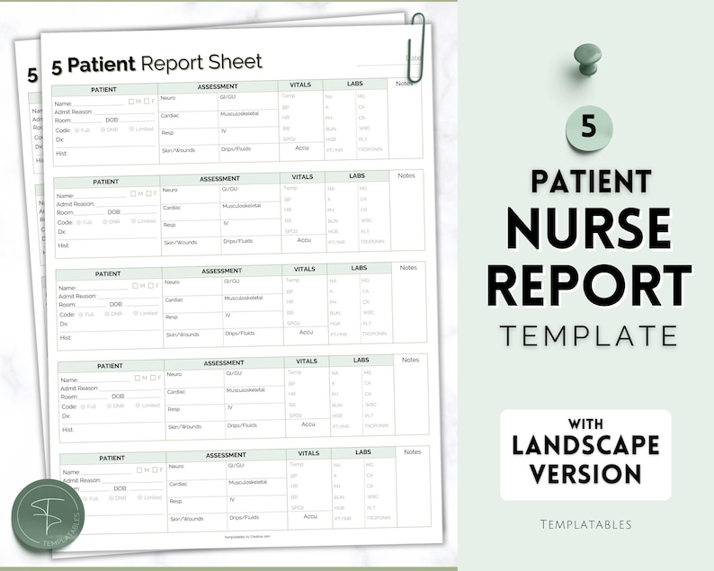 5 Patient Nurse Report Sheet Nurse Brain Sheet ICU Nurse - Etsy