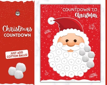 Santa Christmas Countdown! Countdown to Christmas Printable, Cotton Ball Beard, Kids Santa Claus Advent Calendar, Xmas Sign, Activity Poster