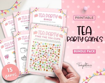 Tea Party Games Bundle, 15 Girls Afternoon Tea Party Games, Birthday Decor, Favors, Bingo, Wordsearch, Trivia, Easy Printable Games, Pink