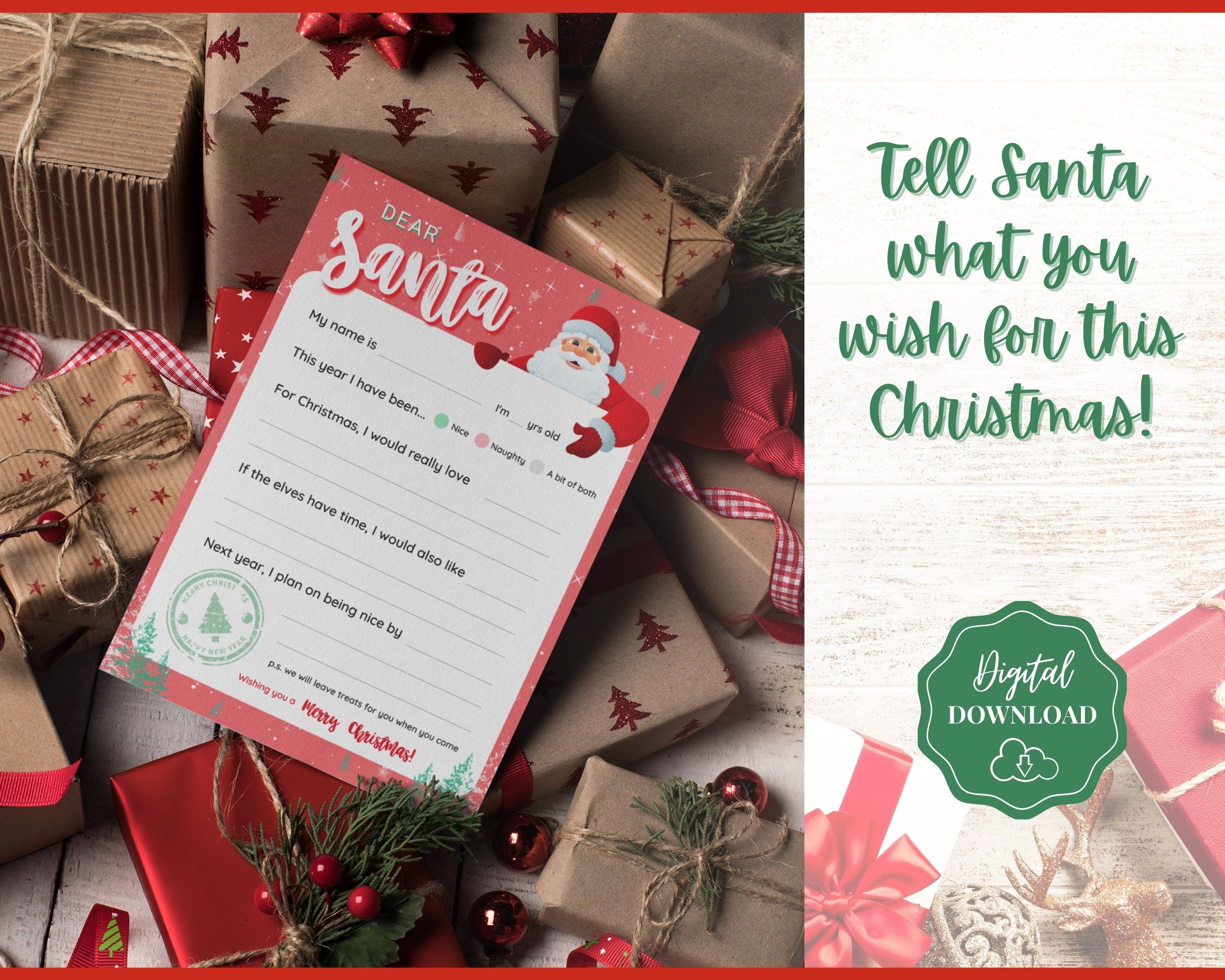 Printable Kids Letter to SANTA Claus Christmas Wish List | Etsy