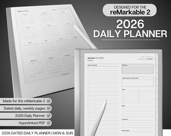 Template for reMarkable 2, Daily Planner 2026, Digital Planner, Hyperlinked calendar, Minimalist Daily Schedule, Task List