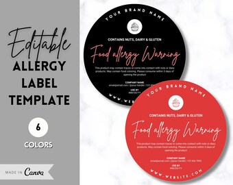 EDITABLE Allergy Label Template, Allergen Label, Allergy Information Stickers, Cakes, Baking business, Canva, Food Warning, Alert, Cupcakes