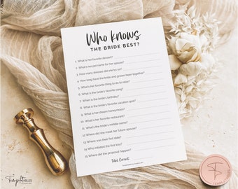 ¿Quién conoce mejor a la novia? Juego de despedida de soltera. ¿Qué tan bien conoces a la novia? Juegos de ducha de boda, despedida de soltera imprimible, minimalista