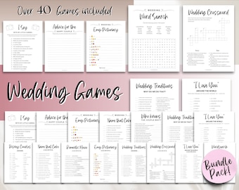 May include: A printable bundle pack of over 40 wedding games. The games include "I Spy", "Advice for the Happy Couple", "Emoji Pictionary", "Wedding Traditions", "Who Knows the Couple Best", "Wedding Crossword", "I Love You Around the World", "Name that Cake", "Romantic Move", "Disney Couples", and "Wordsearch".