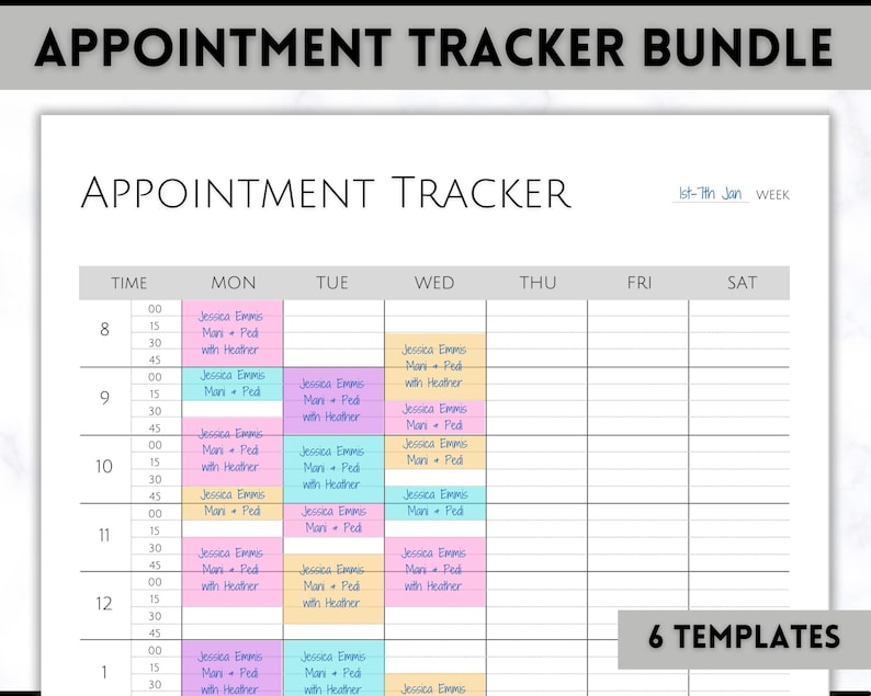 May include: A printable appointment tracker template with a weekly layout. The template is designed for a week starting on the 1st of January and ending on the 7th of January. The template has a time column on the left and columns for each day of the week. The template is designed to be used for scheduling appointments and includes space for writing in the name of the appointment, the time of the appointment, and any other relevant information.