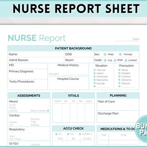 Nurse Report Sheet Bundle, 5 Colors, Nurse Brain Sheet, ICU Nurse Report, RN Nursing, New Grad, SBAR, Patient Assessment, Printable Template