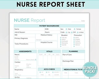 Könnte beinhalten: Ein druckbares Krankenpflegeberichtblatt mit Abschnitten für Patientenhintergrund, Beurteilungen, Vitalwerte, Planung, Accu-Check und Medikamente und Aufgaben. Das Blatt ist für Pflegekräfte konzipiert, um Patienteninformationen und -pflege zu dokumentieren.