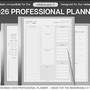 May include: A digital planner for the reMarkable 2 tablet. The image shows a 2026 professional planner with a daily schedule, to-do lists, and notes sections. The text on the image reads "2026 PROFESSIONAL PLANNER" and "HYPERLINKED 2026 PROFESSIONAL PLANNER | MADE FOR THE REMARKABLE 2 TABLET."