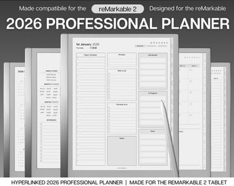 Agenda numérique 2026 pour professionnels, calendrier reMarkable, programme quotidien minimaliste, liste des tâches, modèles pour reMarkable