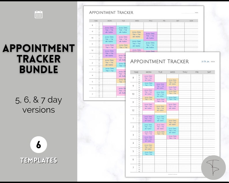 May include: Six printable appointment tracker templates in 5, 6, and 7 day versions. The templates feature a colorful grid with days of the week and time slots. Each day has a different color.