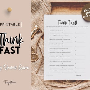 Think Fast Baby Shower Game, Printable Baby Shower Games Template, Gender Neutral, Minimalist, Boho, Woodland Theme, Trivia Activity