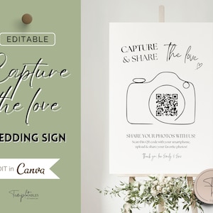 Capture the Love QR Code Sign, EDITABLE Wedding Reception Signage, Camera, Wedding Table games, QR Code Canva Template, Modern Photo Sign