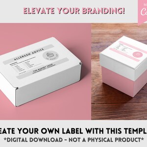 May include: A white box with a pink background. The box has a label that says "Allergen Advice" and includes a list of common allergens. The label also includes the text "The Bakery Shop". The image includes the text "Create Your Own Label With This Template *Digital Download - Not A Physical Product*"