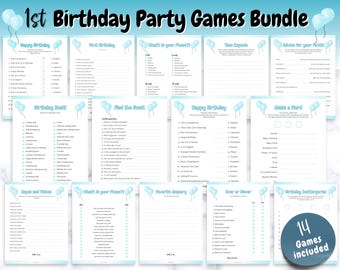 First Birthday Games BOY, Printable BUNDLE of 14 party games for baby’s 1st birthday, 1 year old birthday, trivia, neutral boho signs