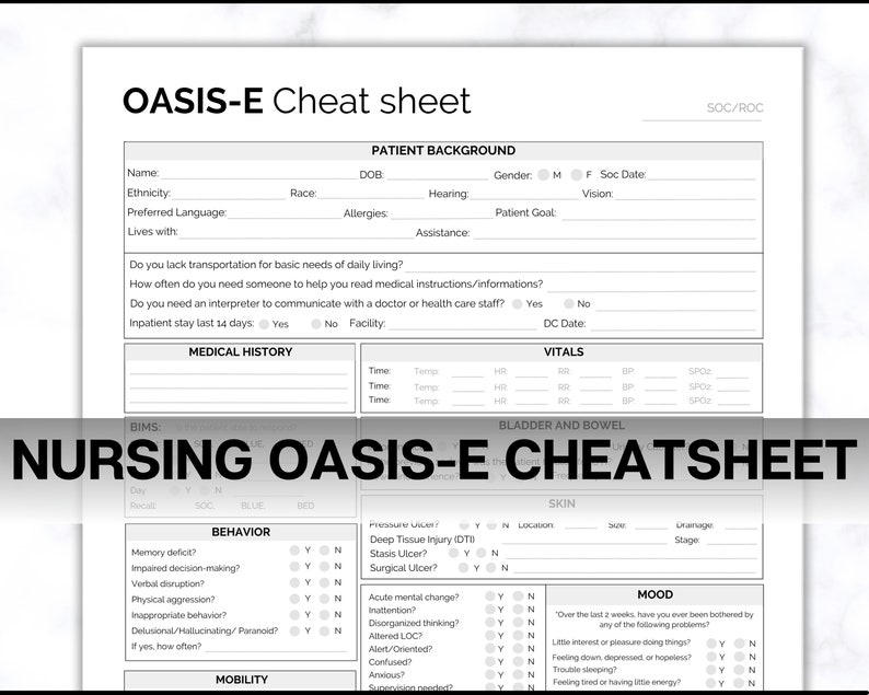 OASIS-E Cheatsheet, Oasis Home Health Nurse Template, Nurse Report Sheet, Nurse Brain, Caregiver Planner, SOC, Nurse Visit