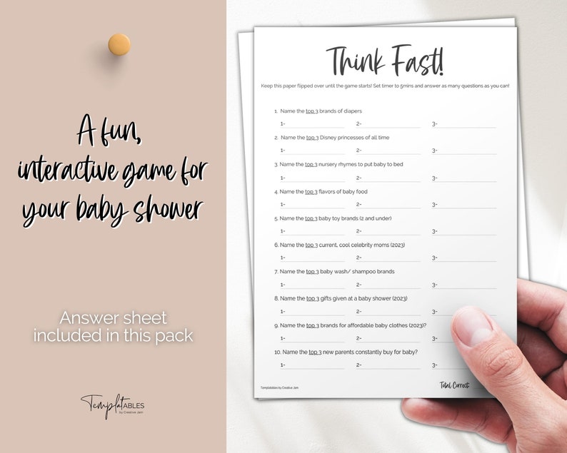 Think Fast Baby Shower Game Printable Baby Shower Games Etsy Israel