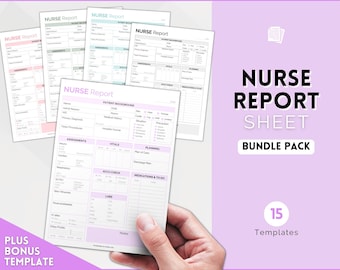 May include: A bundle pack of 15 printable nurse report sheets. Each sheet includes sections for patient background, assessments, vitals, planning, medication and to-do, accu check, labs, and notes. The sheets are designed with a pink and green color scheme.