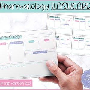 May include: A printable pharmacology flashcard template with sections for drug, dose, side effects, contraindications, mechanism of action, and nursing implications and considerations. The template is designed for students and professionals in the medical field.