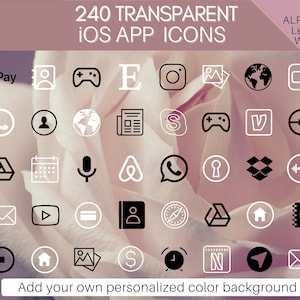 以下が含まれることがあります： 黒と白の透明な iOS アプリアイコン 240 個のセット。アイコンはピンクの背景にグリッド状に配置されています。アイコンには、Apple Pay、Instagram、YouTube などの一般的なアプリが含まれています。