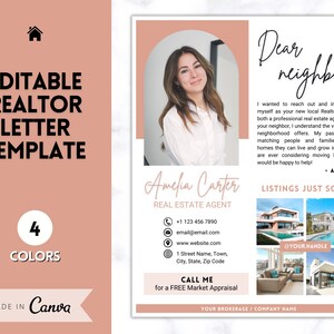 May include: A realtor letter template featuring a woman's photo, the text "Dear neighbour", and contact details. The template includes the text "Editable Realtor Letter Template" and "4 Colours". Made in Canva.