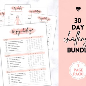 May include: A printable 30-day challenge bundle with a pink watercolor background. The bundle includes a 7-page pack with a checklist for each day of the challenge. The checklist includes tasks such as eating well, working out, and reading.