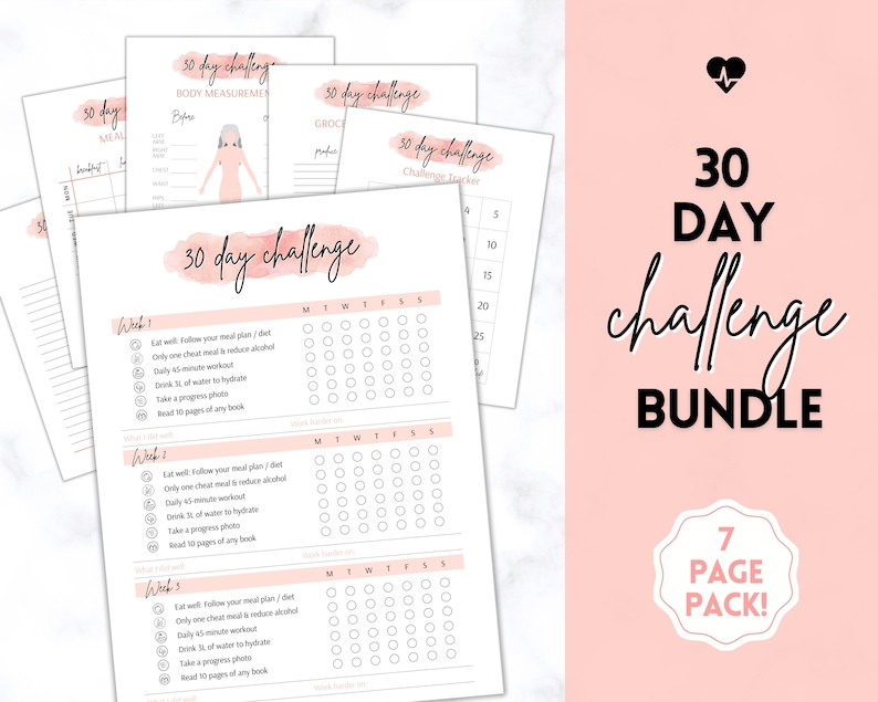 May include: A printable 30-day challenge bundle with a pink watercolor background. The bundle includes a 7-page pack with a checklist for each day of the challenge. The checklist includes tasks such as eating well, working out, and reading.