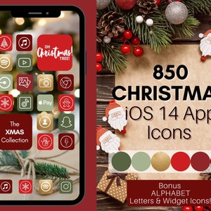 May include: A digital illustration of a smartphone screen displaying 850 Christmas themed iOS 14 app icons. The icons are in a grid pattern and feature various Christmas symbols, such as snowflakes, Christmas trees, and Santa Claus. The text "The Xmas Collection" is displayed on the screen. The background of the image is a wooden surface with a Christmas tree and ornaments.