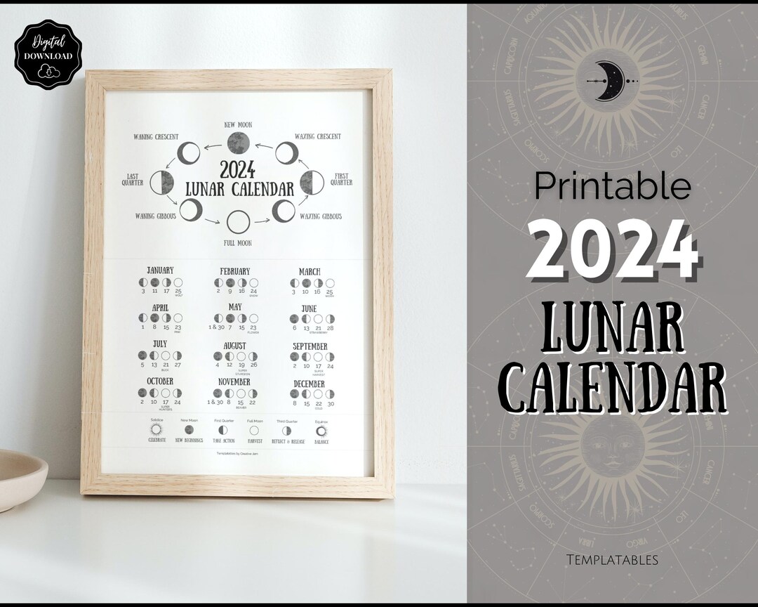 Calendario Lunar 2024, Calendario Lunar Imprimible, Fases Lunares 2024
