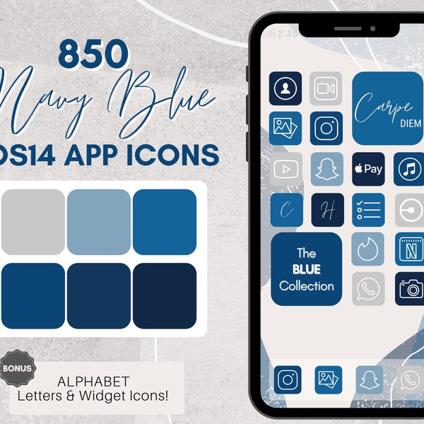 iOS 14 App-pictogram BUNDEL! 850 MARINEBLAUWE app-pictogrammen! Blauw, Grijs, 850 Startscherm iOS 14-pictogrammen, iPhone-esthetiek, Widget + achtergrond, Pictogramcovers
