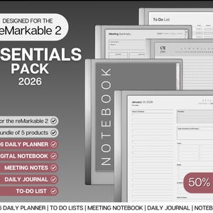 ESSENTIALS template pack for the reMarkable 2 | 2026 Daily Planner, Digital To Do List, Meeting Minutes, Meeting Notes, Journal & Notebook