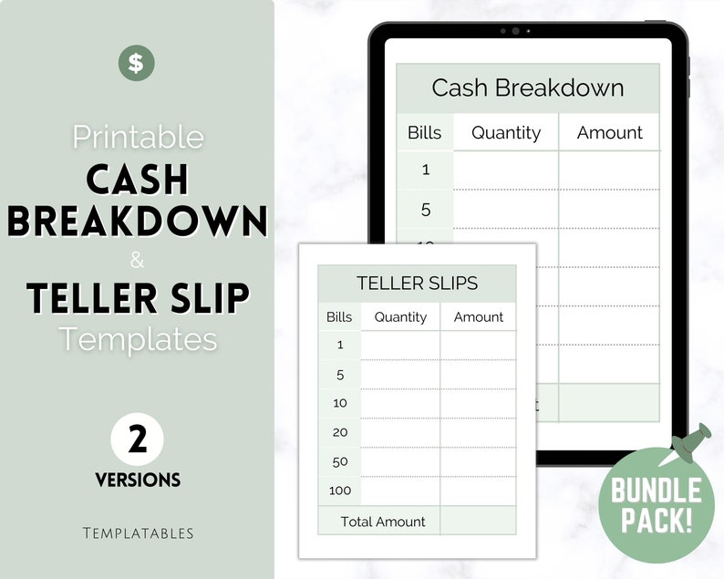 Printable Cash Breakdown Teller Slips Cash Slips Bank Etsy